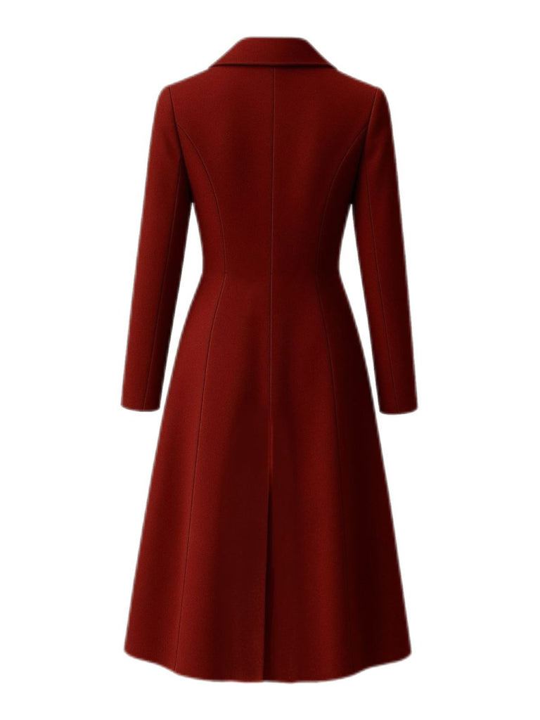 Burgundy 1930s Double Breasted Long Trench Coat - vintage fashion, retro style