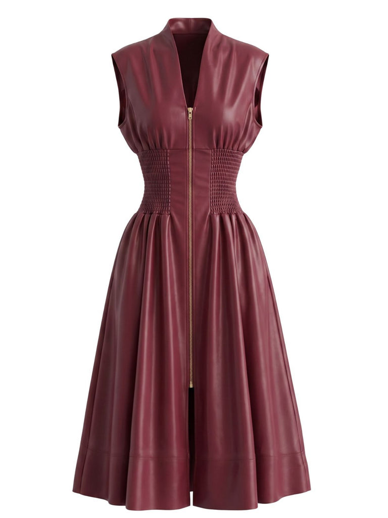 Burgundy 1940s Faux Leather Cap Sleeve Waisted Dress, vintage dress, retro fashion - vintage inspired fashion