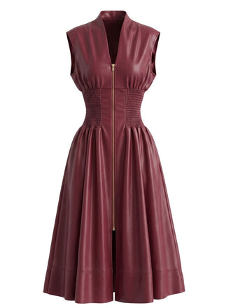 Burgundy 1940s Faux Leather Cap Sleeve Waisted Dress, vintage dress, retro fashion - vintage inspired fashion