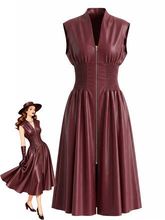 Burgundy 1940s Faux Leather Cap Sleeve Waisted Dress - vintage dress, retro fashion, elegant style for vintage lovers