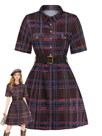 Red And Brown 1970s Plaid Dress
