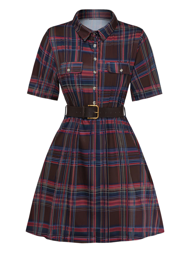 Burgundy Plaid Belted Shirt Collar Mini Dress