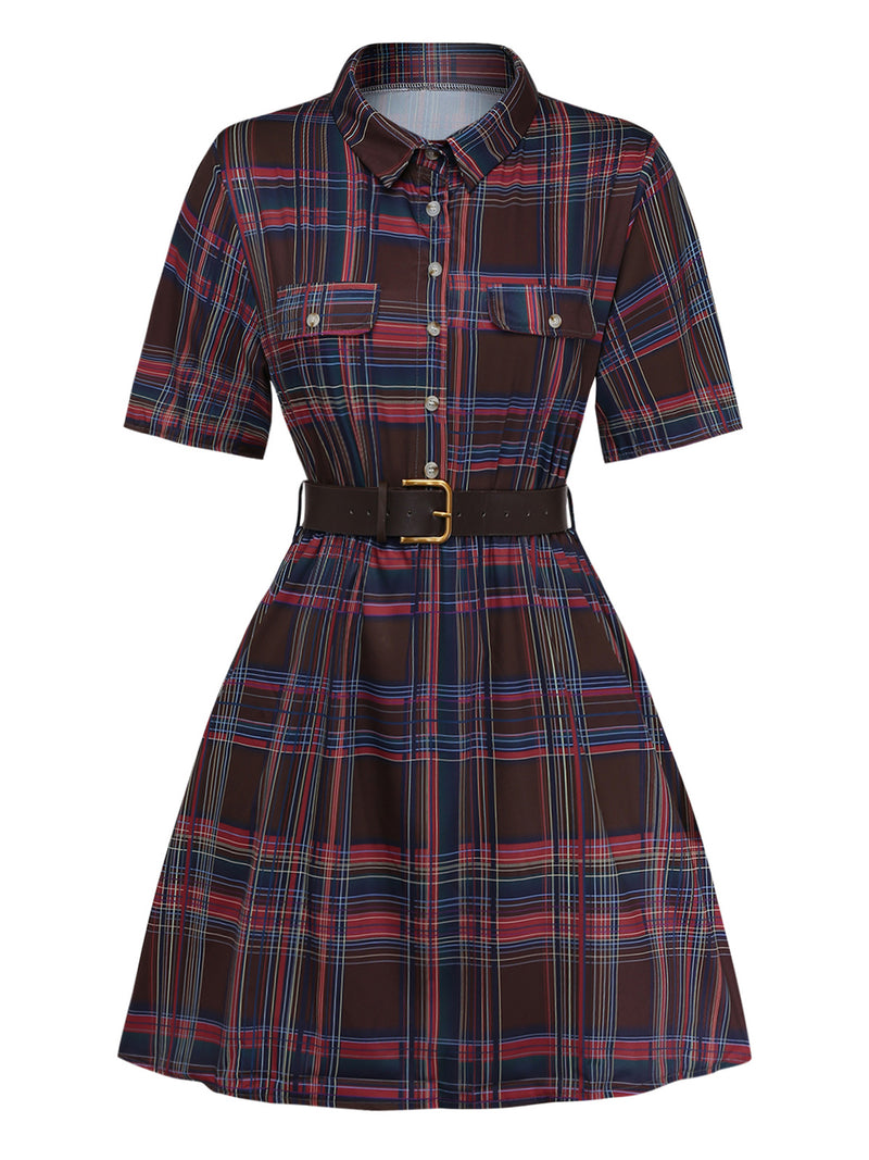 Burgundy Plaid Belted Shirt Collar Mini Dress