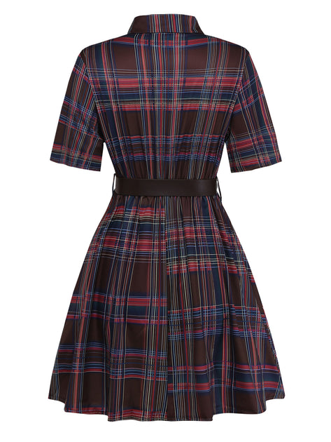 Burgundy Plaid Belted Shirt Collar Mini Dress