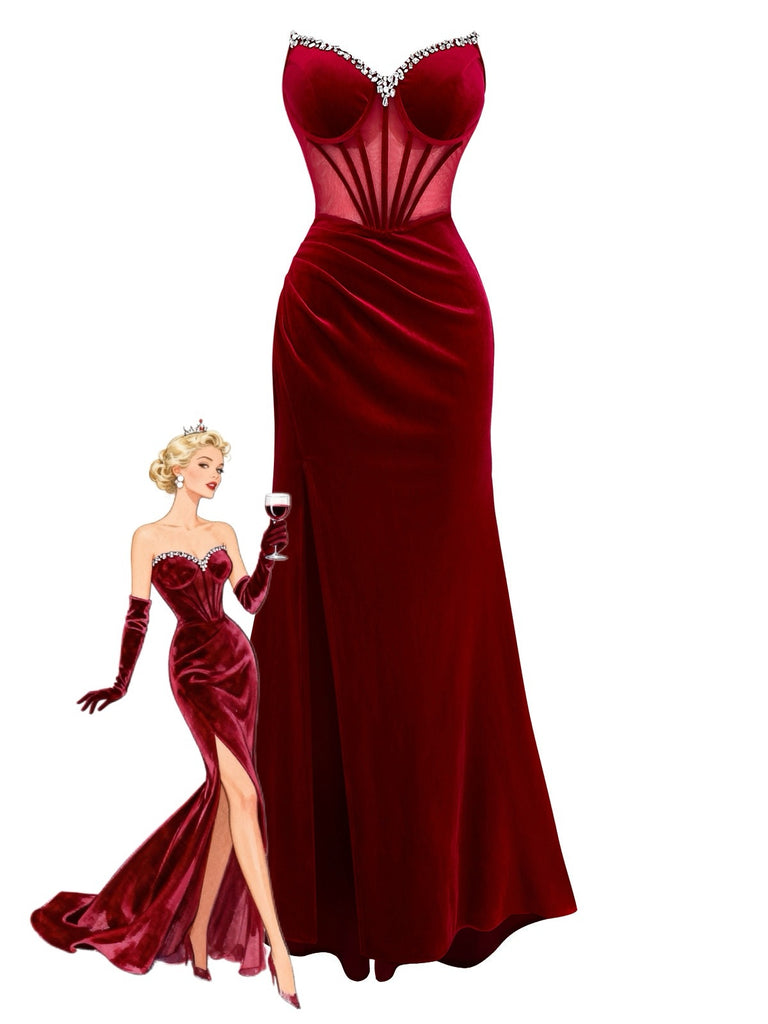 Burgundy Velvet Strapless Mesh Sheer Slit Corset Dress | Vintage Maxi Dress