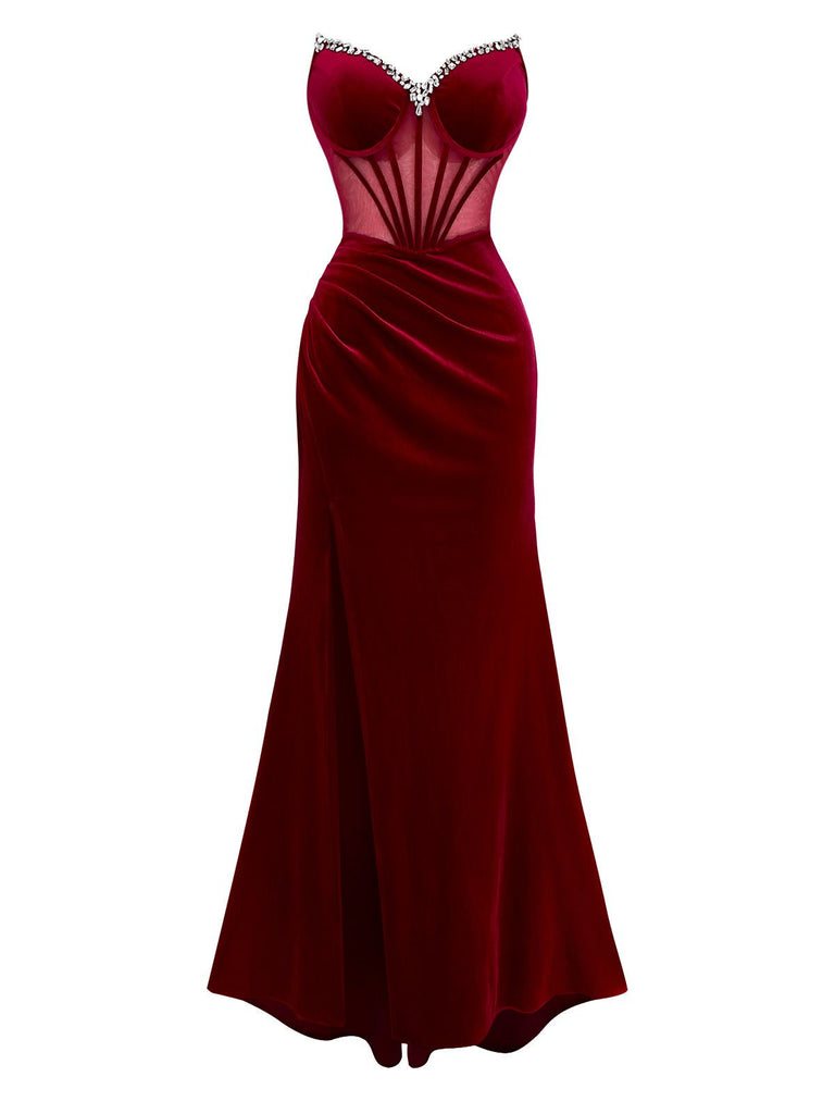 strapless satin patchwork a-line cocktail party solid velvet mini dresses-red Burgundy Velvet Strapless Mesh Sheer Slit Corset Dress | Vintage Maxi Dress