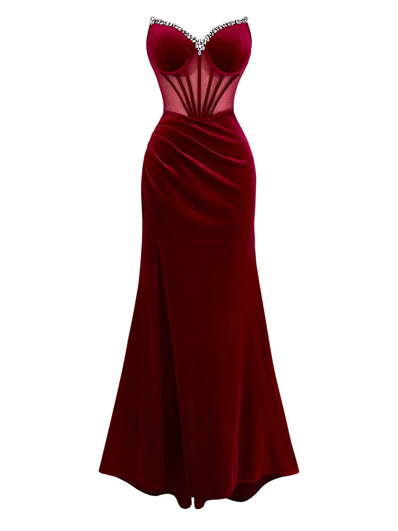 burgundy velvet strapless dress Mesh Sheer Slit Corset | Vintage Maxi Dress Color:Violet capsulewardrobe Do Not Bleach Attire's Mind: From Now