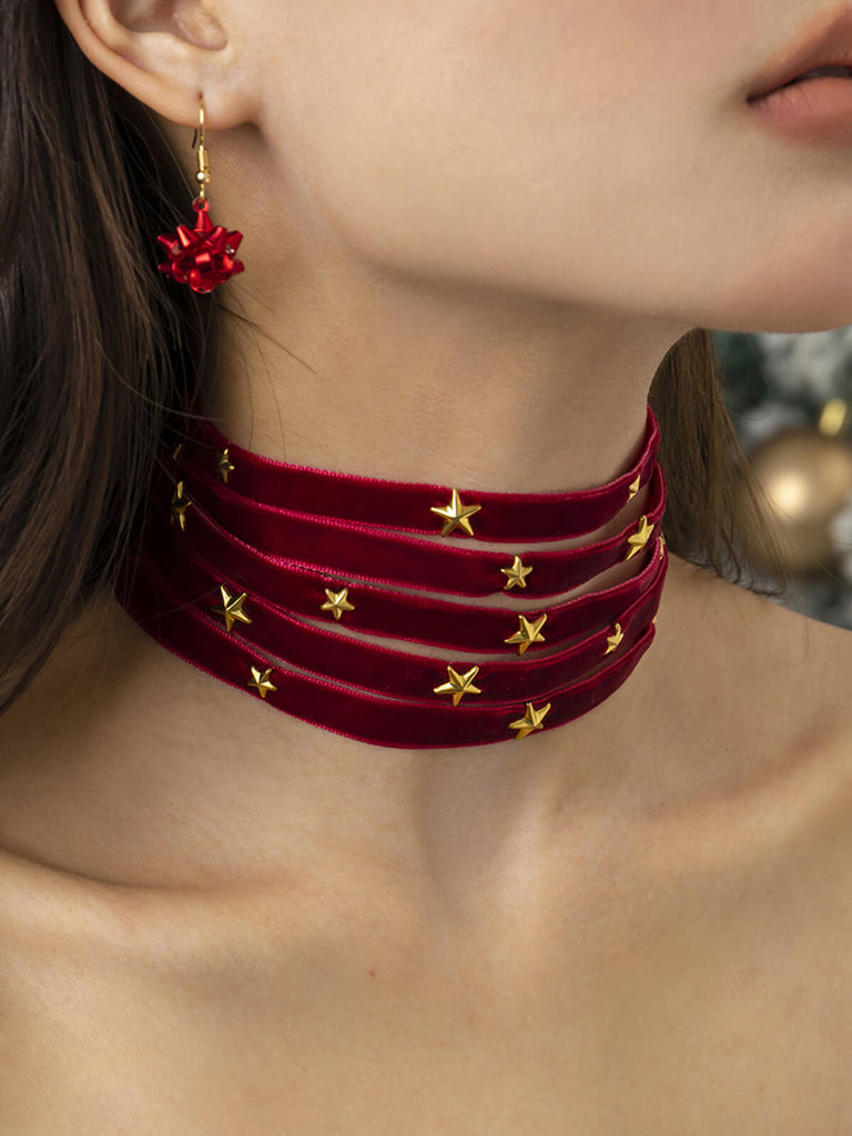 Burgundy Christmas Star Wide Velvet Necklace, vintage fashion, retro style - perfect for women who love vintage and retro fashion