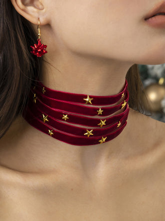 Burgundy Christmas Star Wide Velvet Necklace, vintage fashion, retro style - perfect for women who love vintage and retro fashion