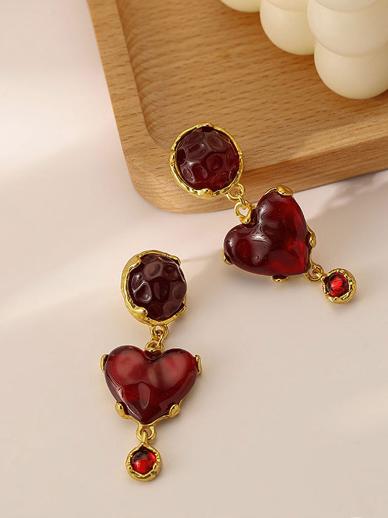 Burgundy Heart Resin Vintage Earrings — vintage elegance for the modern woman