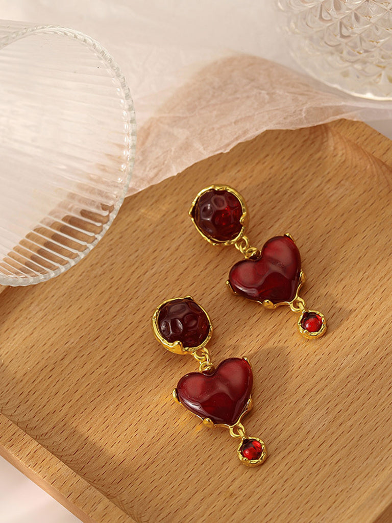 Burgundy Heart Resin Vintage Earrings — vintage elegance for the modern woman