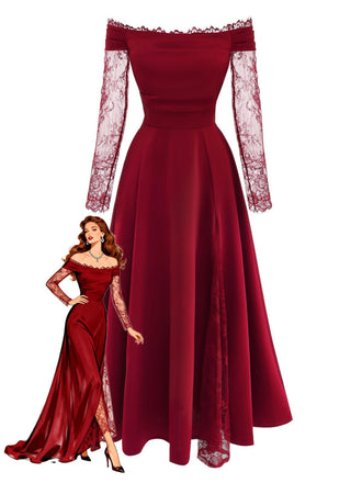 Red evening gown with lace sleeves and a model wearing it on a white background