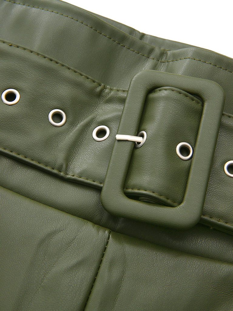 1940s High-Waist Metal Belt PU Leather Wide-Leg Pants