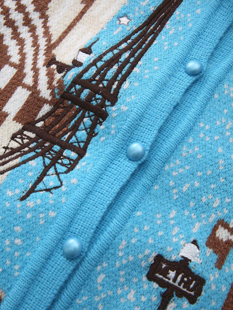 Blue 1970s Landscape Print Lapel Knit Cardigan Sweater