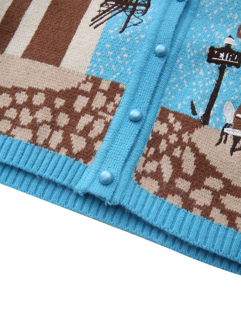 Blue 1970s Landscape Print Lapel Knit Cardigan Sweater