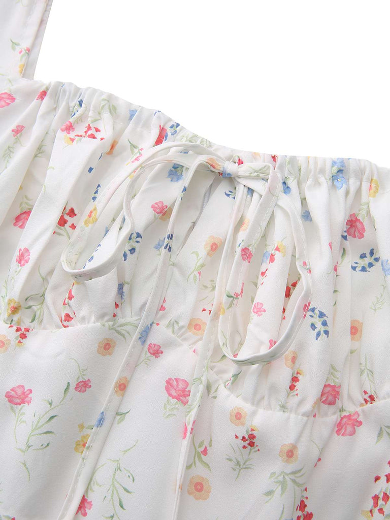 White 1930s Floral Square Neck Puff Sleeve Dress