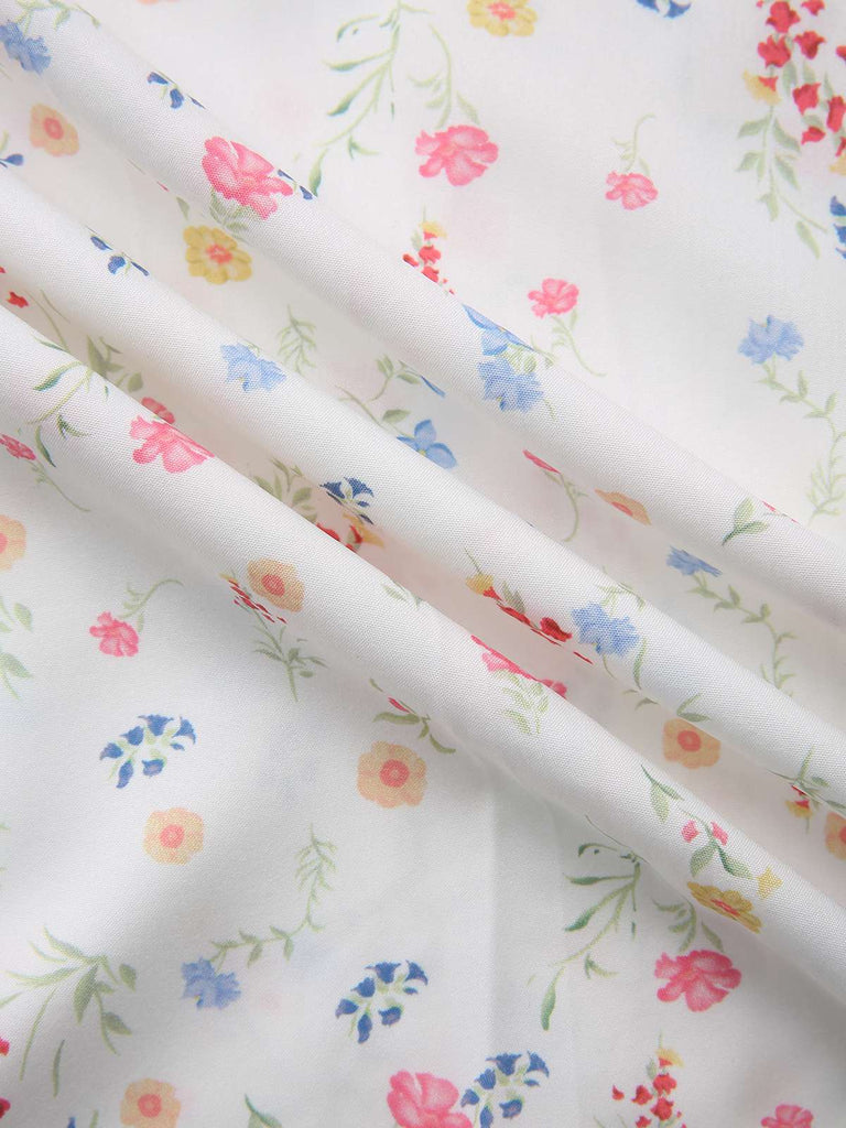 White 1930s Floral Square Neck Puff Sleeve Dress