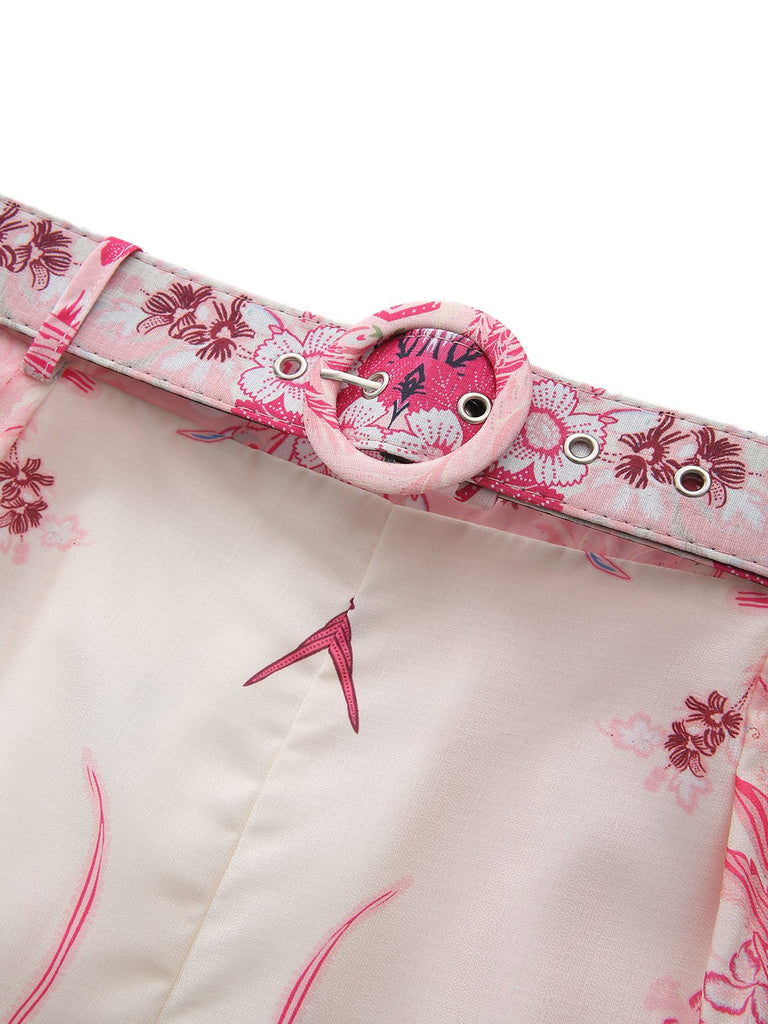 2PCS Pink 1970s Bohemian Floral Blouse & High-Waisted Shorts