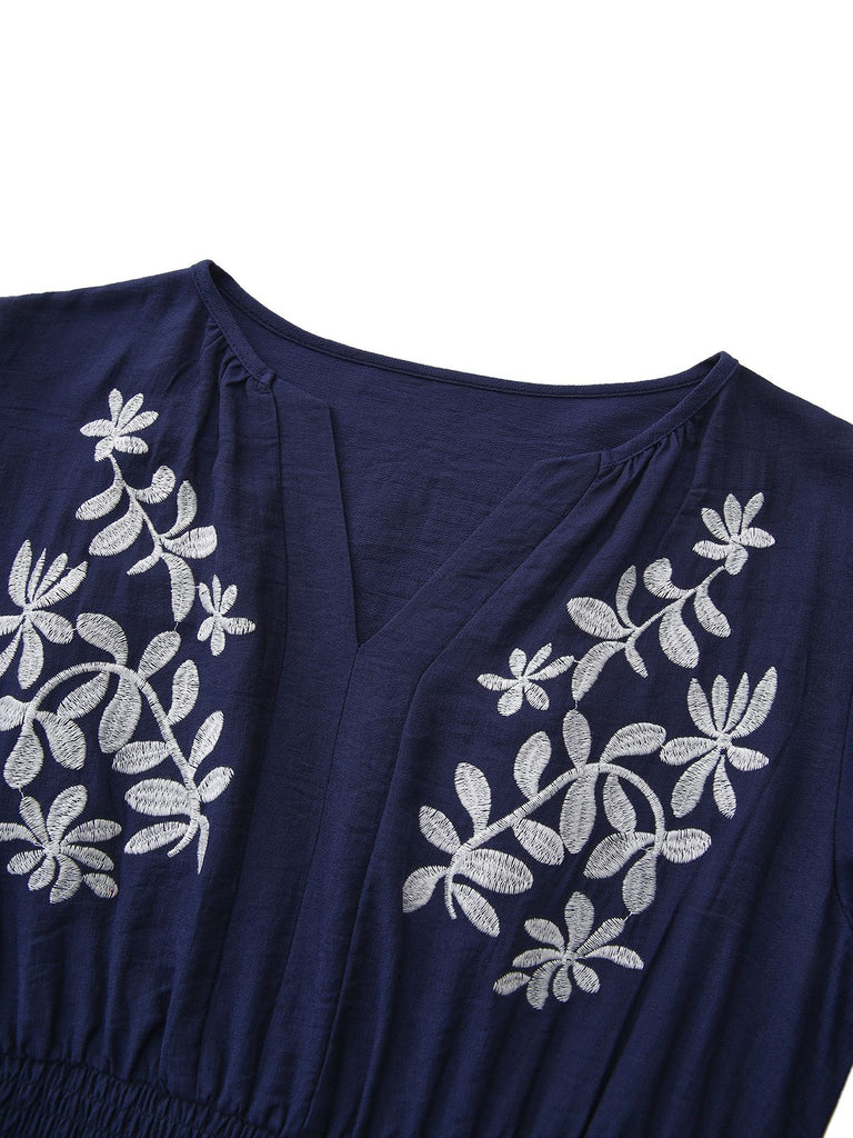 Navy Blue 1970s Floral Embroidered Maxi Dress