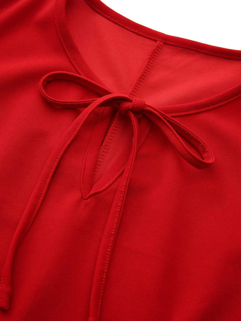 Red 1960s Bow Neck Ruffle Hem Sleeveless Dress