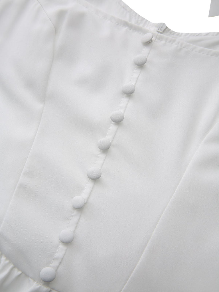 White 1940s Solid Lace-Up Button Dress