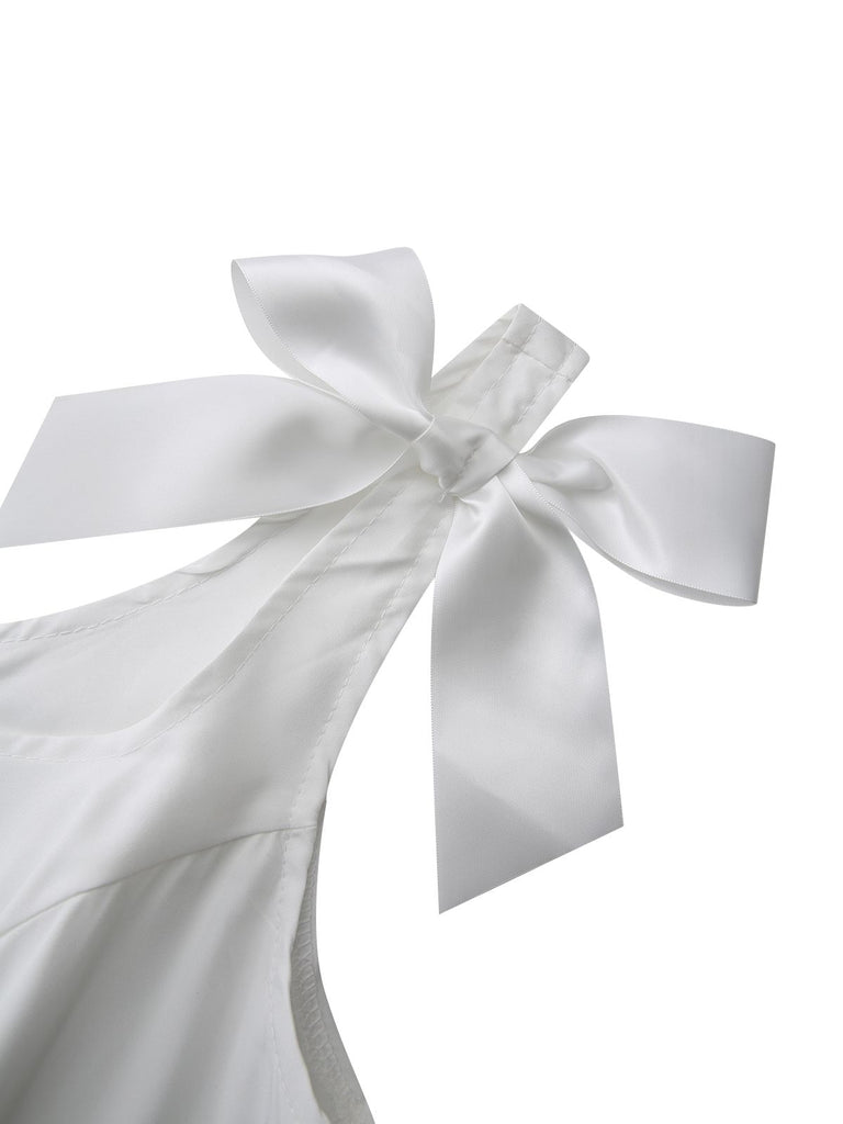 White 1940s Solid Lace-Up Button Dress