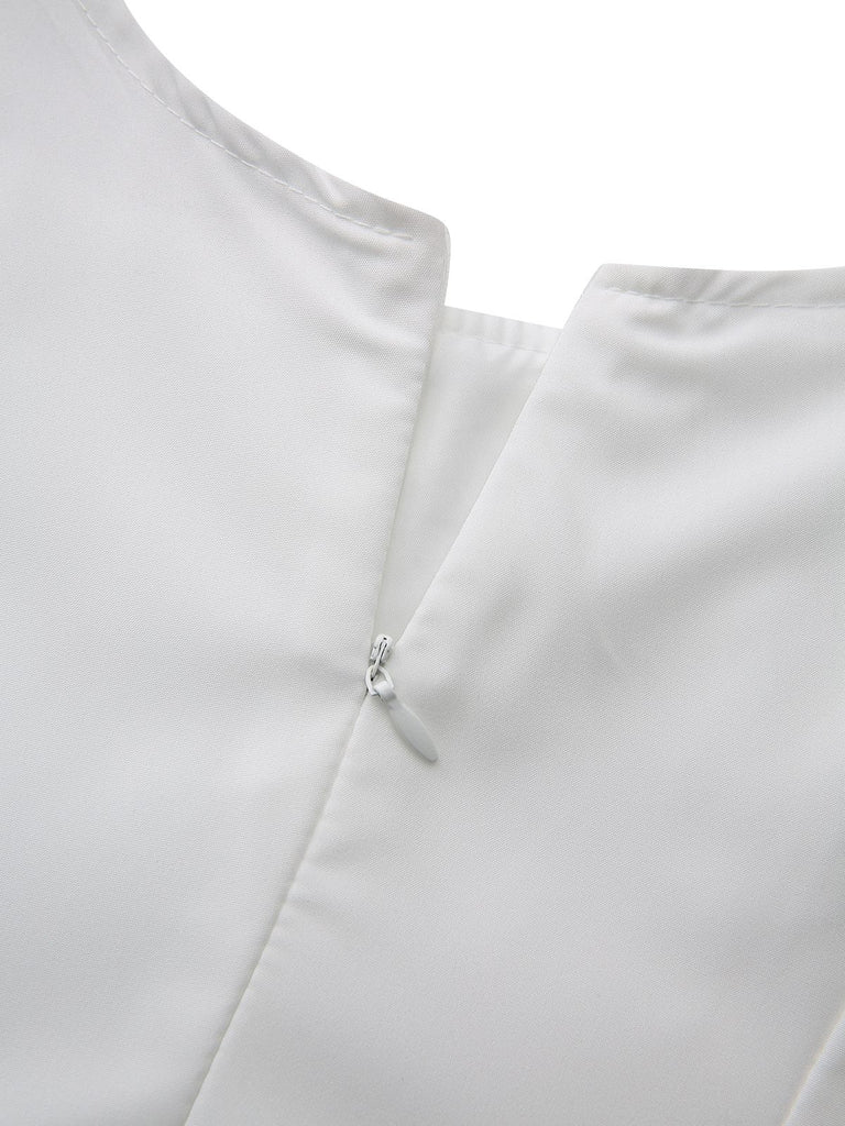 White 1940s Solid Lace-Up Button Dress