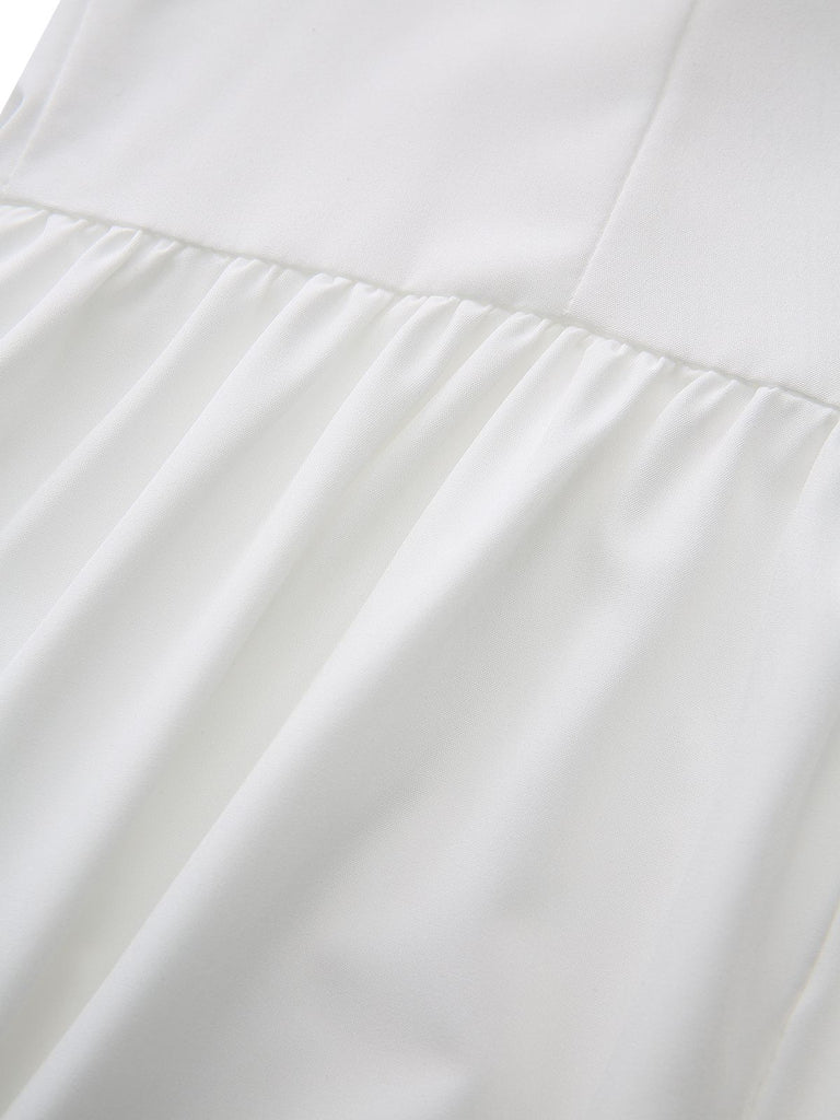 White 1940s Solid Lace-Up Button Dress