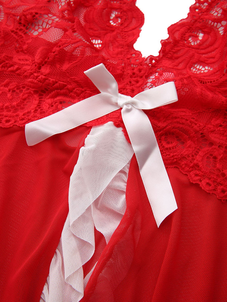 Red 1960s Lace Slip Nightgown Set