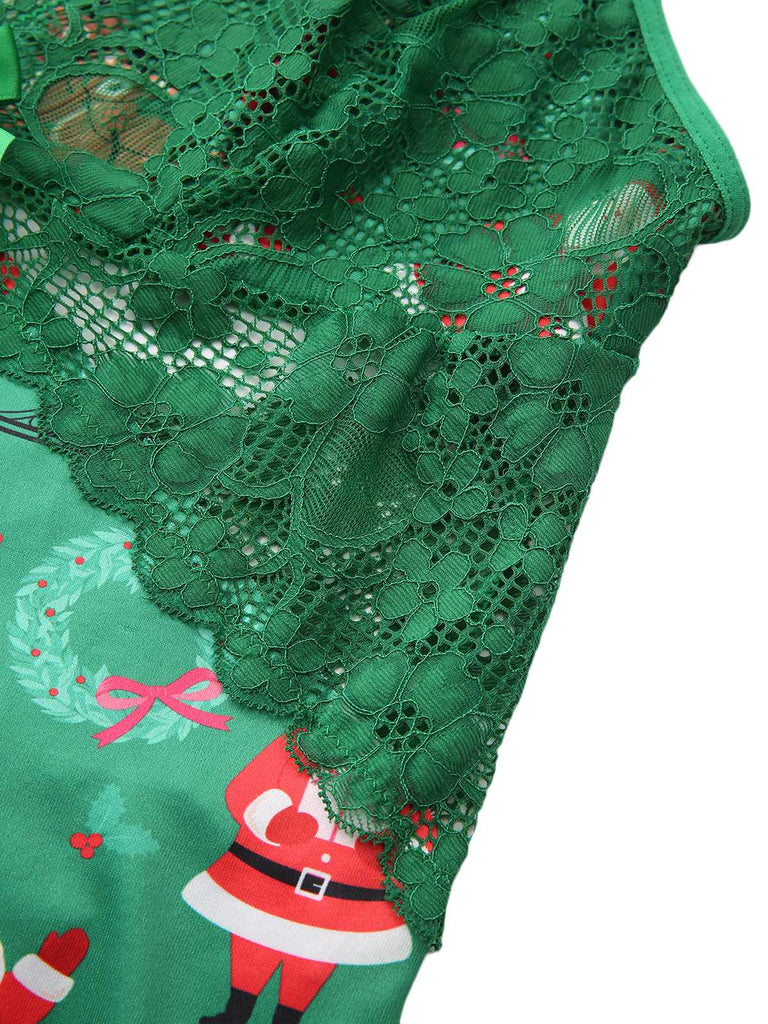 Green 1960s Slip Christmas Print Bow Nightgown