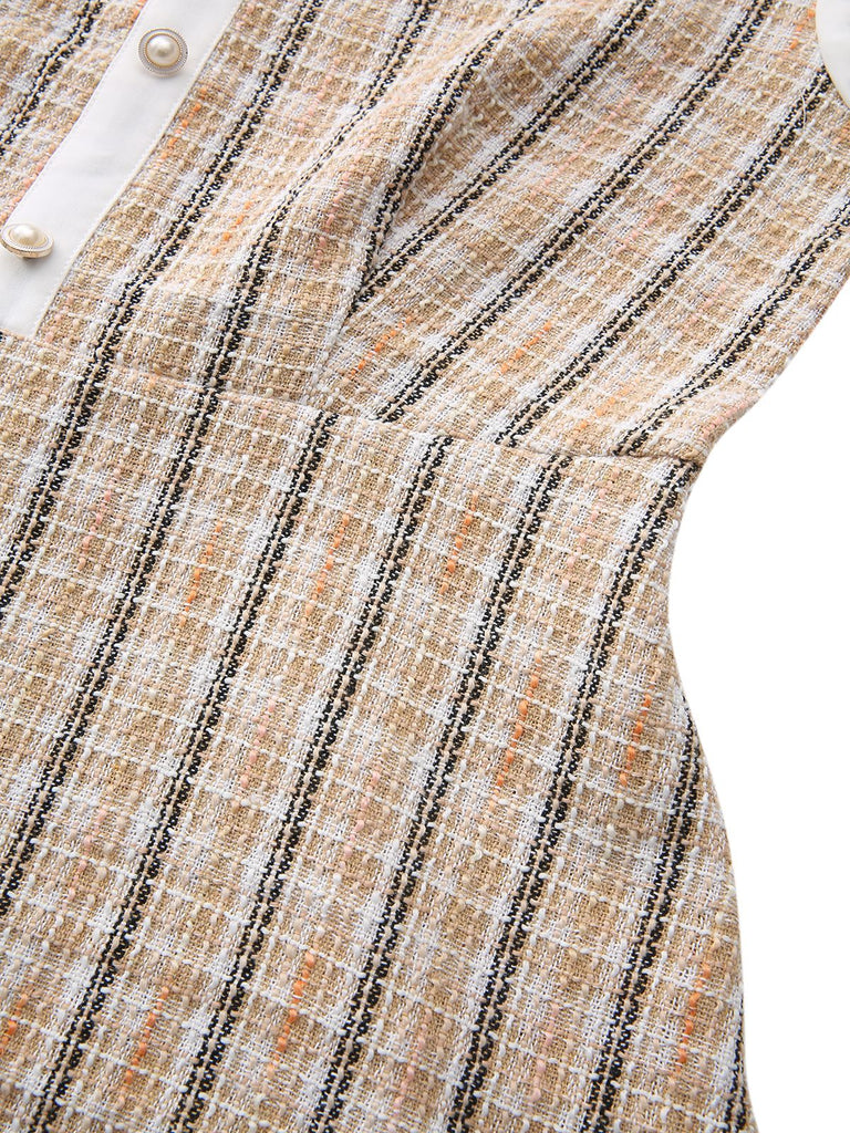 Khaki 1940s Vintage Style Patchwork Long Sleeve Dress