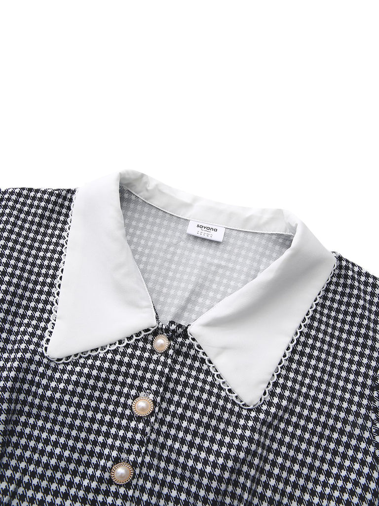 Black 1940s Houndstooth Puff-Sleeves Pearl Button Dress