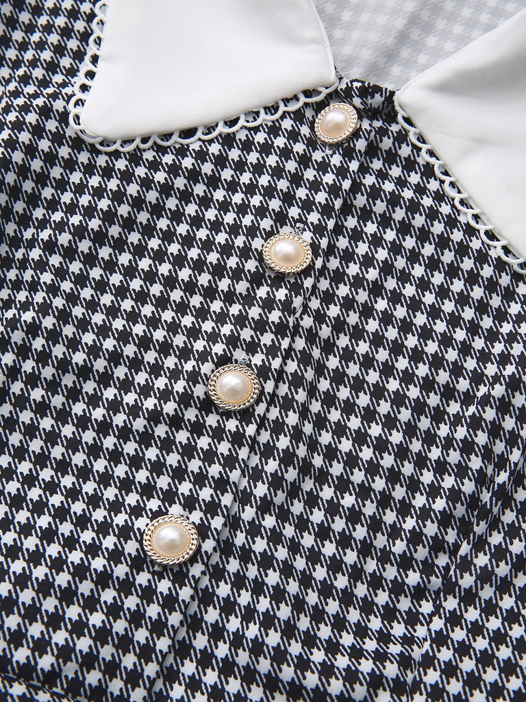 Black 1940s Houndstooth Puff-Sleeves Pearl Button Dress