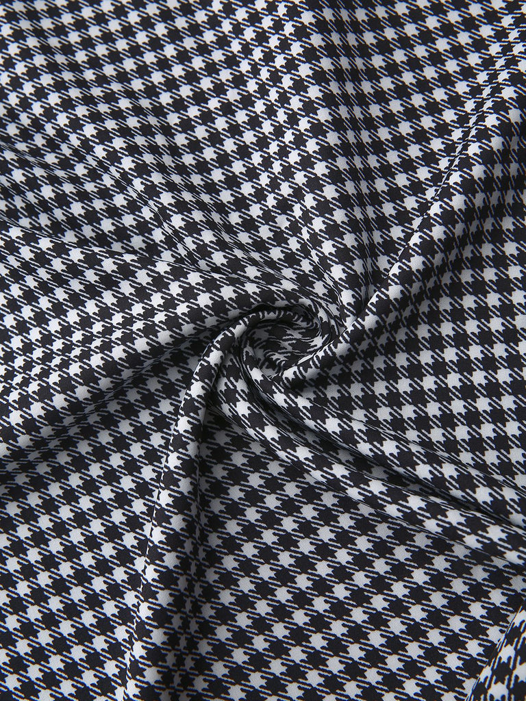 Black 1940s Houndstooth Puff-Sleeves Pearl Button Dress