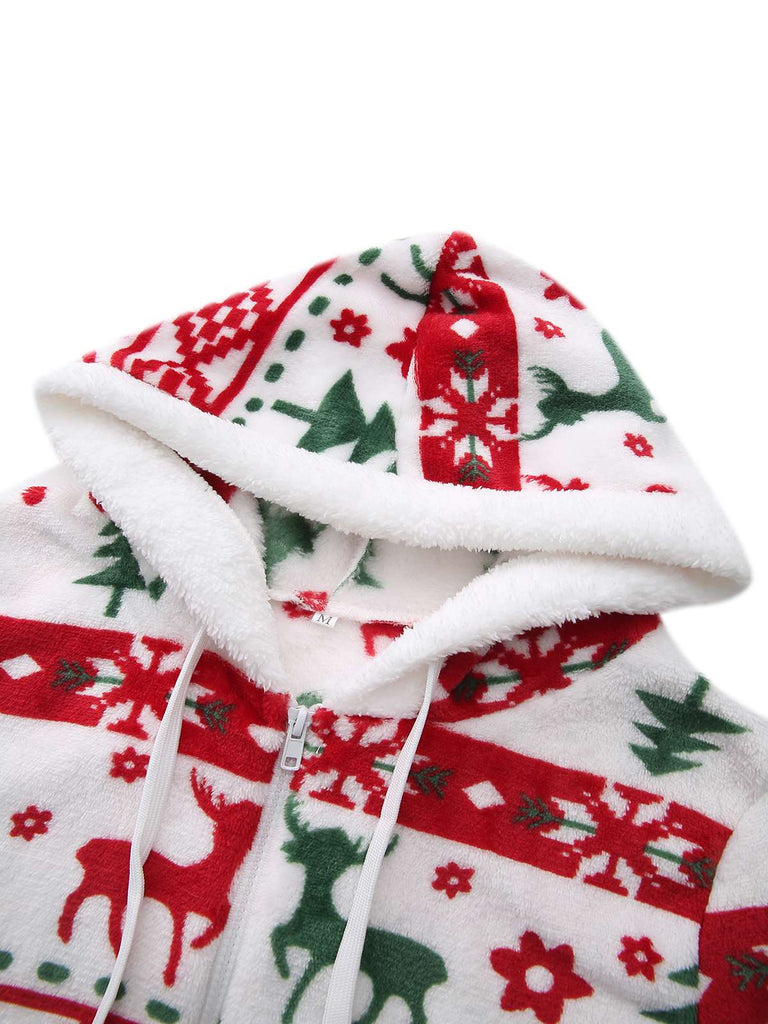 Multicolor 1940s Reindeer & Christmas Tree Plush Hoodie