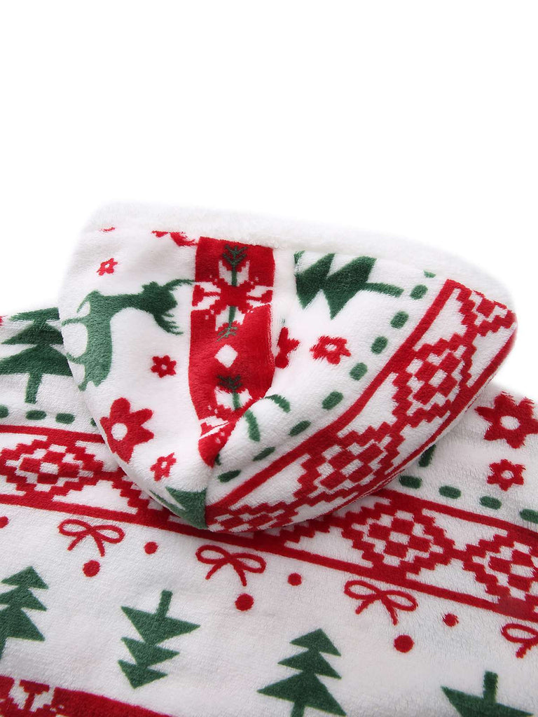 Multicolor 1940s Reindeer & Christmas Tree Plush Hoodie