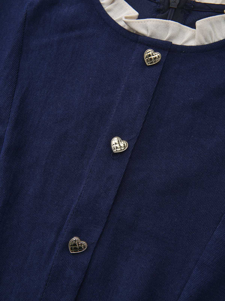 Navy Blue 1980s Ruffle Collar Heart Buttons Dress