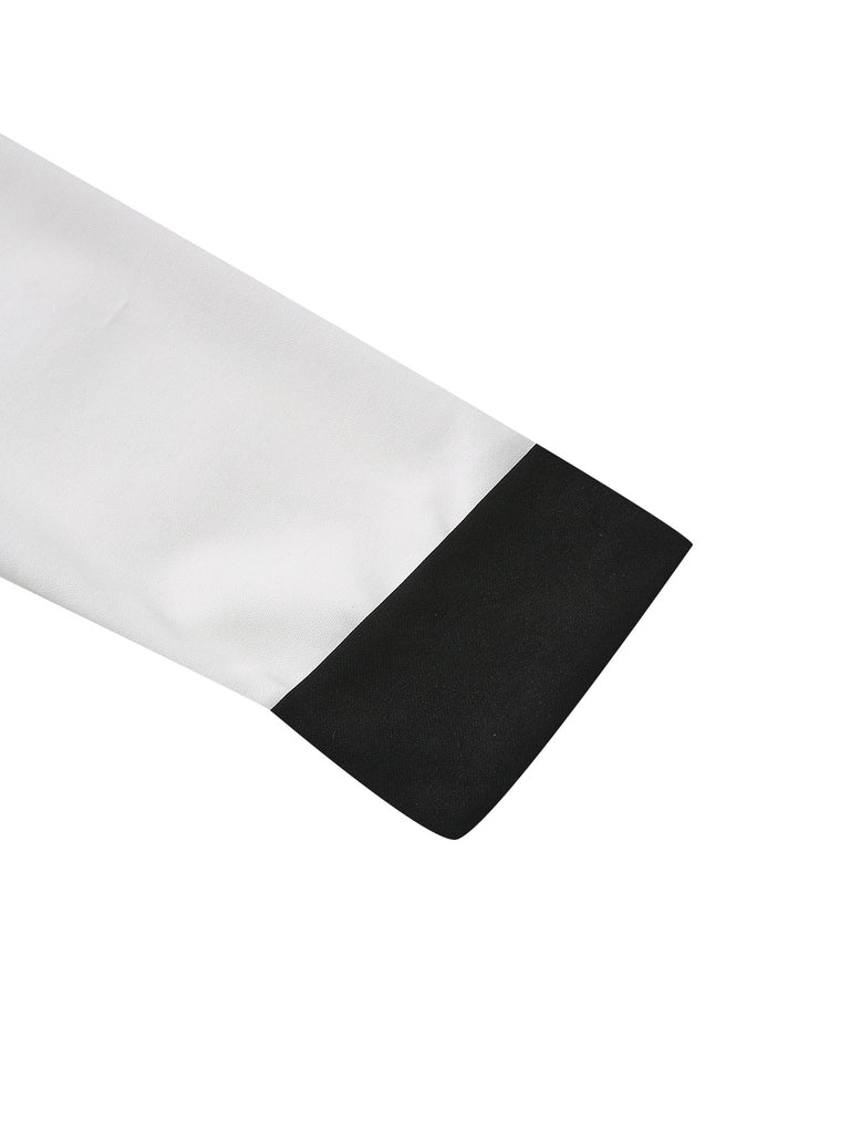 White & Black 1940s Deep V-Neck Notched Button Dress