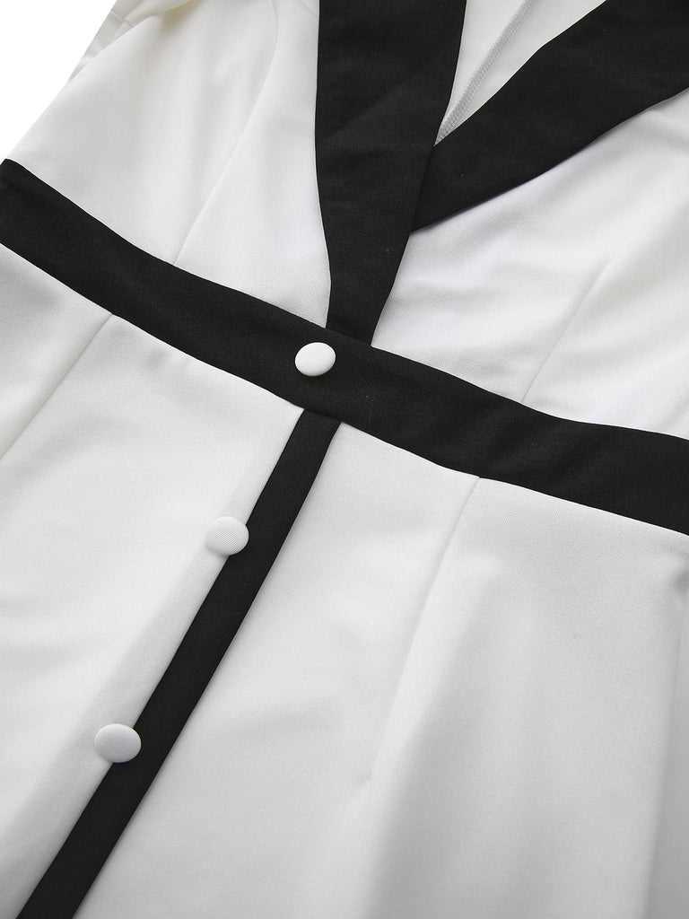White & Black 1940s Deep V-Neck Notched Button Dress
