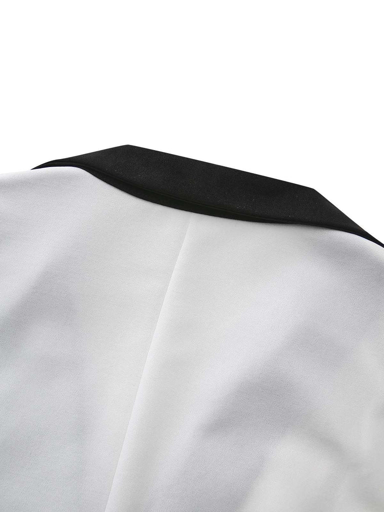 White & Black 1940s Deep V-Neck Notched Button Dress