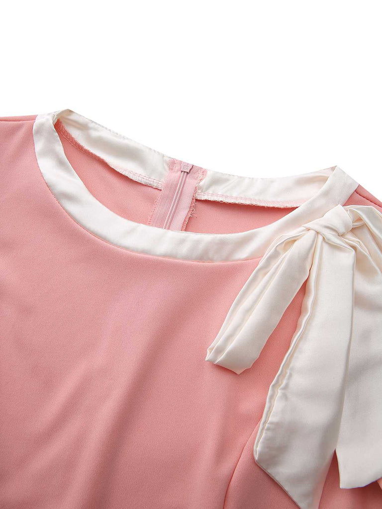 1960s Round Neck Colorblock Bow Bodycon Dress