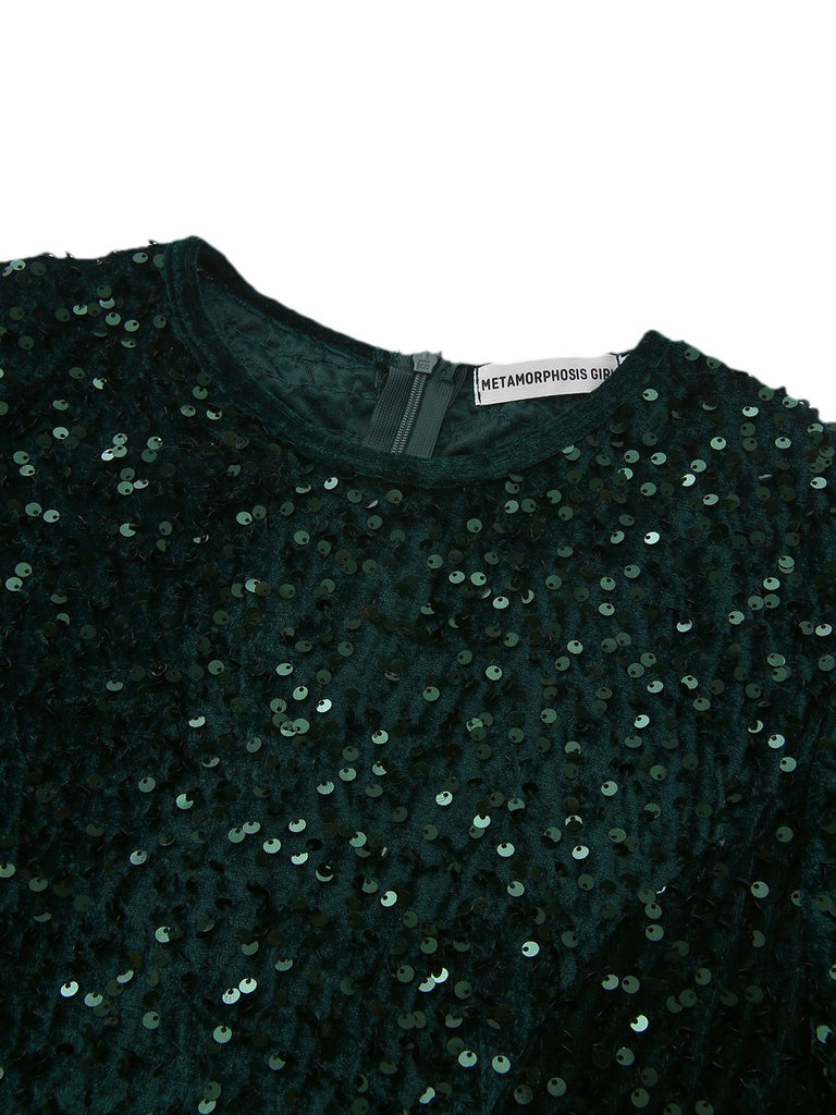 Dark Green 1940s Solid Sequins Long Sleeve Maxi Dress