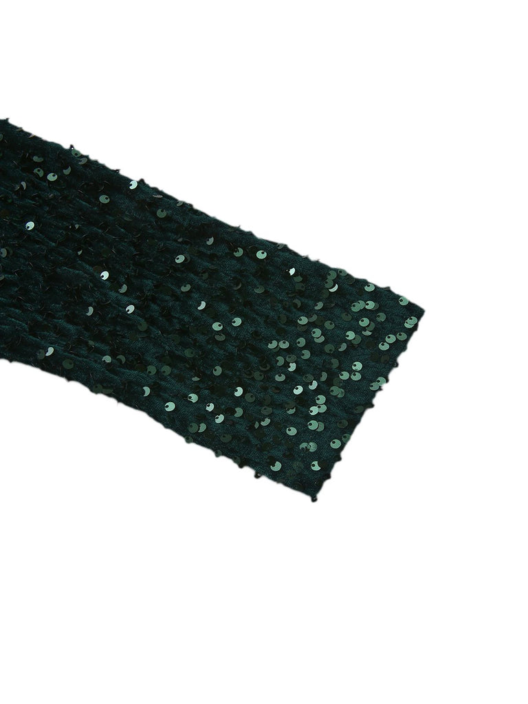 Dark Green 1940s Solid Sequins Long Sleeve Maxi Dress