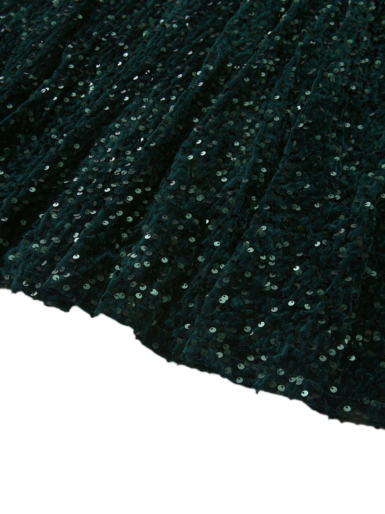 Dark Green 1940s Solid Sequins Long Sleeve Maxi Dress