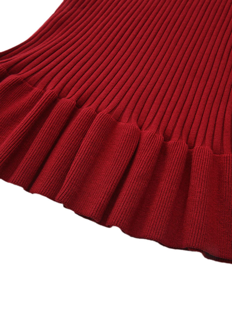 1980s Ribbed Ruffled Collar Midi Dress