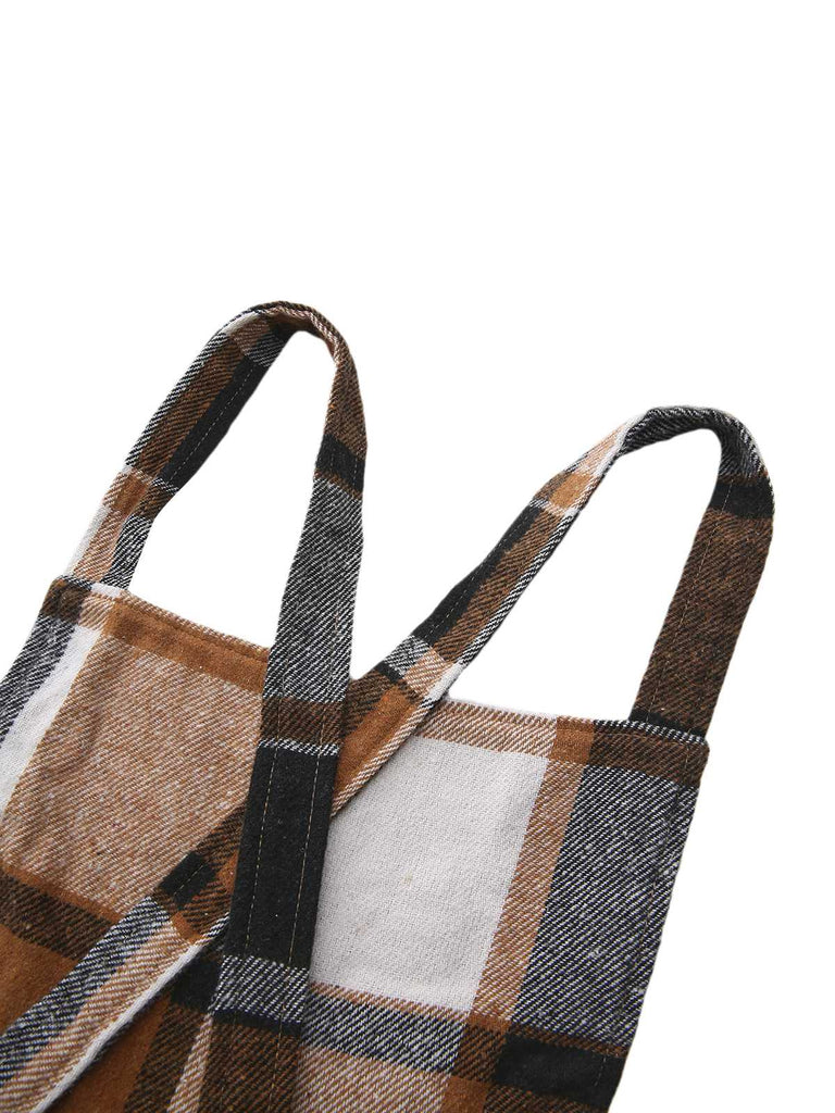 Khaki 1960s Square Neck Plaid Overall Dress