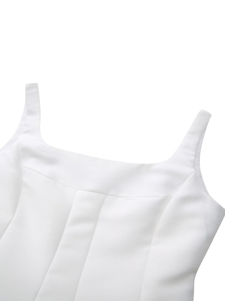 White 1950s Solid Wide Strap Evening Dress