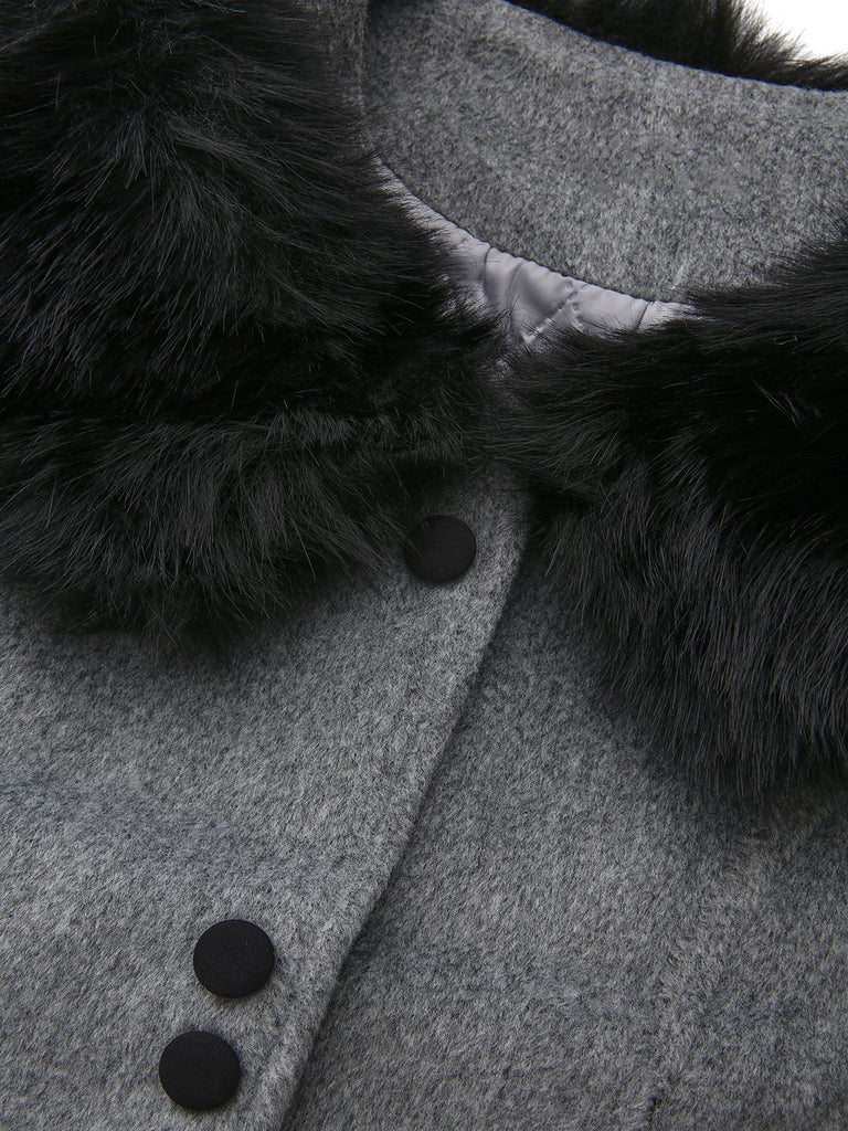 1980s Fur Trim Solid Faux-Wool Coat