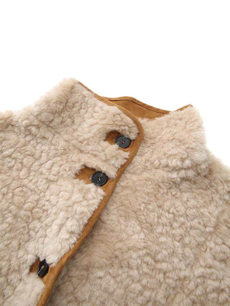 Beige 1980s Fuzzy Reversible Buttoned Coat