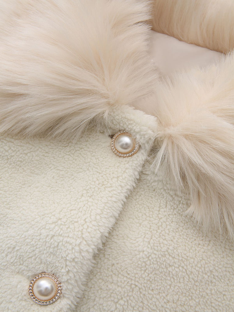 White 1980s Faux Fur Collar Long Coat